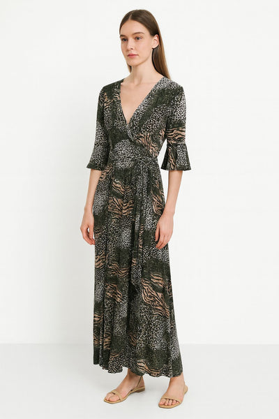 Animal Printed Wrap Over Belted Maxi Dress Elasticated Waist