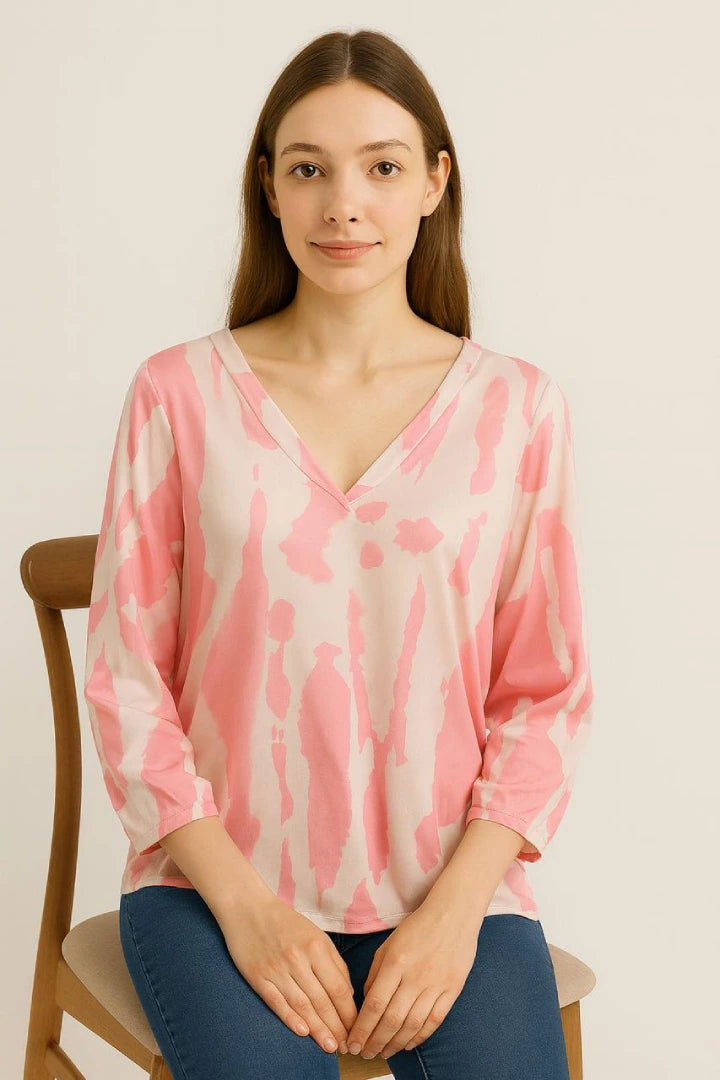 Printed V-neck Grandad Collar Turn-up Sleeve Dip Hem Tunic Top