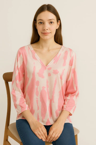 Printed V-neck Grandad Collar Turn-up Sleeve Dip Hem Tunic Top