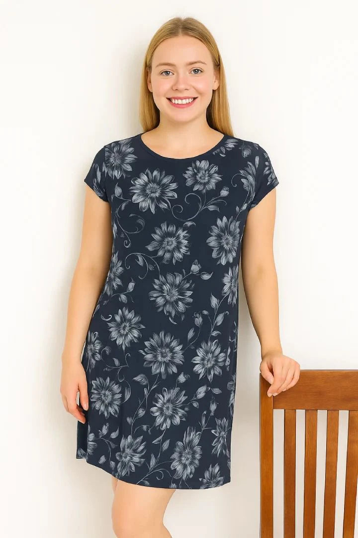 Round Neck Floral Print Hole Bow Tie Waist Midi Dress Cap Sleeve