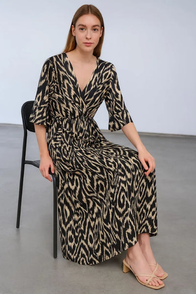 Printed Tie Front Wrap Over Elasticated Waist Frill Short-Sleeve Maxi Dress