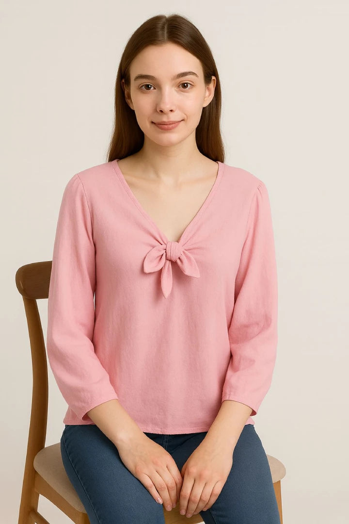 Tie Front V-neck Long Sleeve Oversized Tunic Top