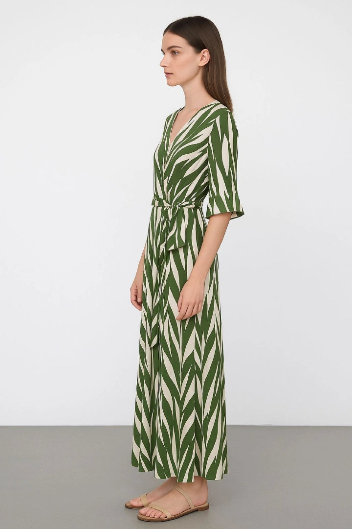 Printed Tie Front Wrap Over Elasticated Waist Frill Short-Sleeve Maxi Dress