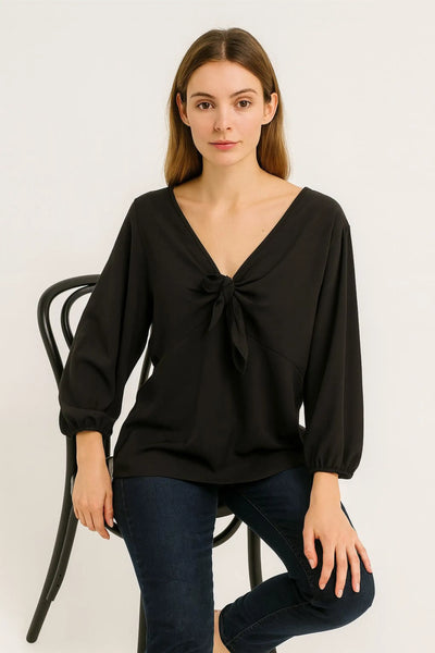 Tie Front V-neck Long Sleeve Oversized Tunic Top