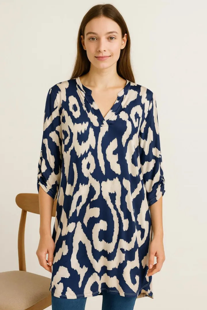 Printed V-neck Grandad Collar Turn-up Sleeve Dip Hem Tunic Top