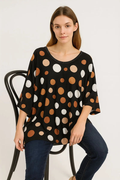 Polka Dot Long-Sleeve Round Neck Oversized Tunic Top