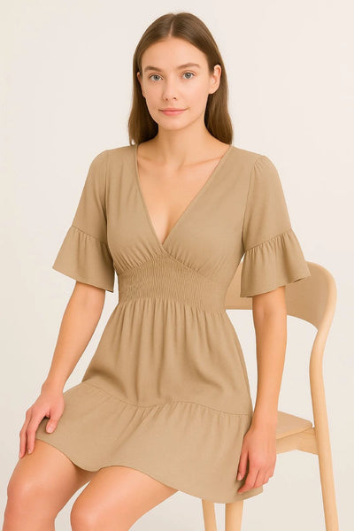 V-Neck Frill Short Sleeve Shirred Elasticated Waist Mini Dress