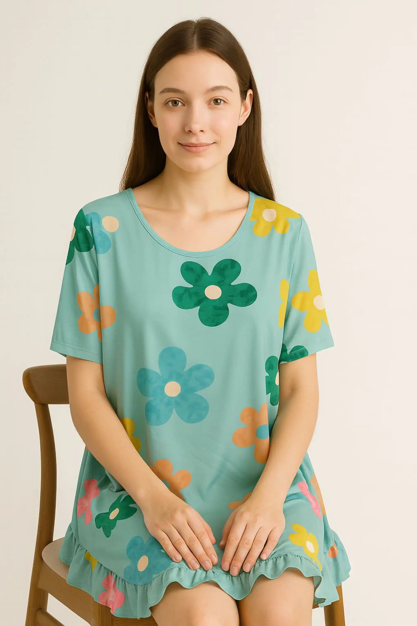 Daisy Floral Frill Hem Tunic Dress 2 Side Inside Pockets