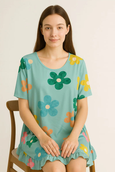 Daisy Floral Frill Hem Tunic Dress 2 Side Inside Pockets