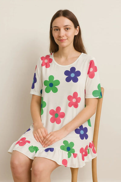 Daisy Floral Frill Hem Tunic Dress 2 Side Inside Pockets