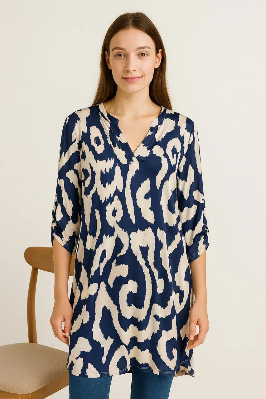 Printed V-neck Grandad Collar Turn-up Sleeve Dip Hem Tunic Top