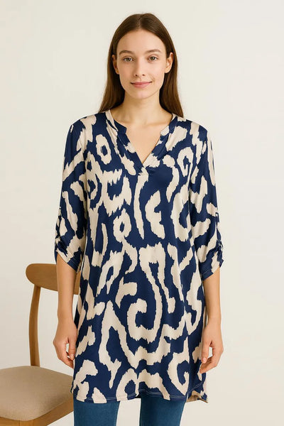Printed V-neck Grandad Collar Turn-up Sleeve Dip Hem Tunic Top