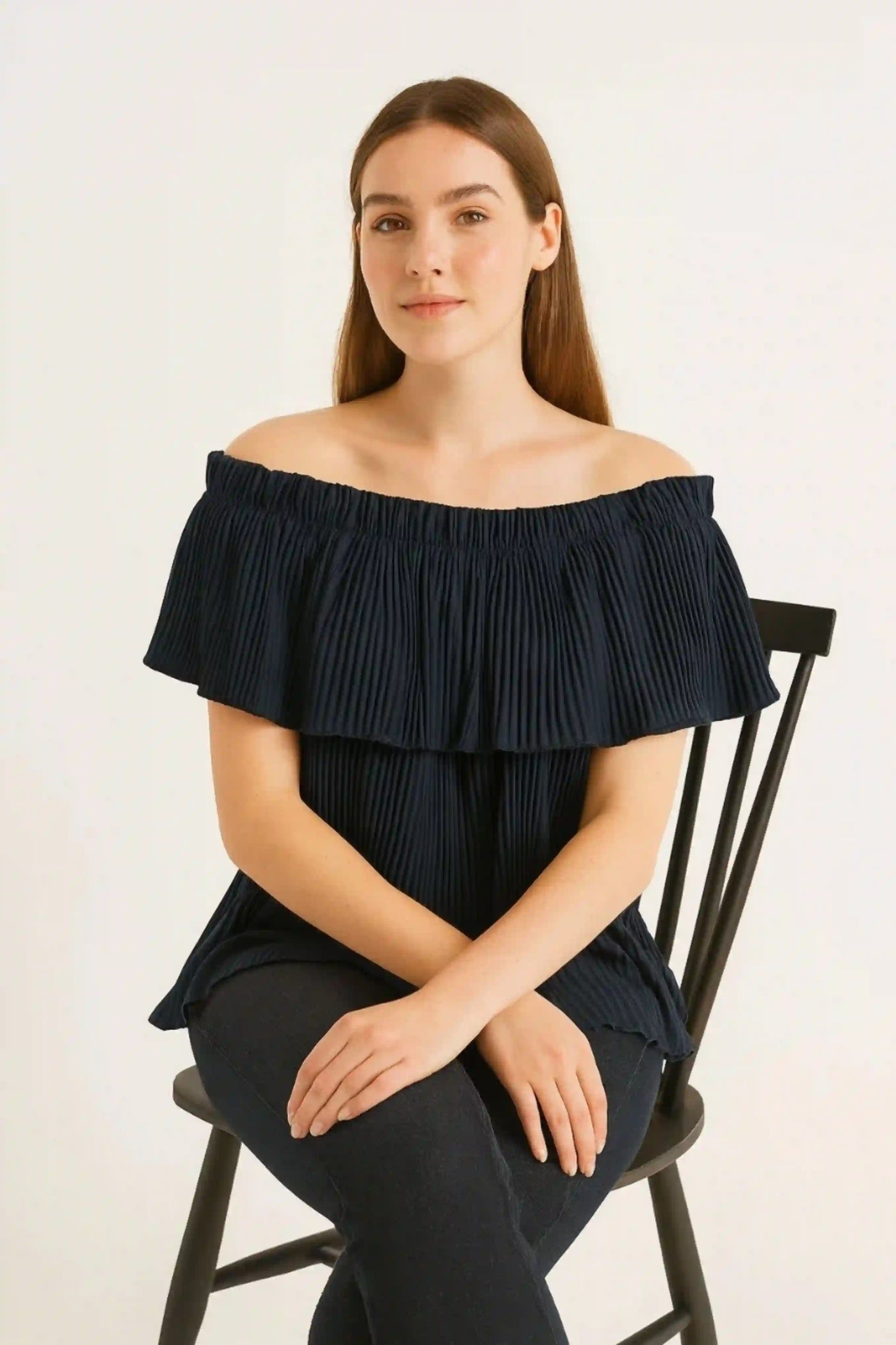 Ribbed Frill Bardot Off the Shoulder Sleeveless Top