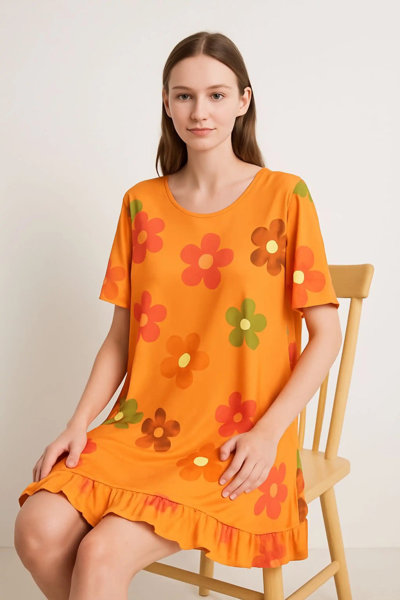 Daisy Floral Frill Hem Tunic Dress 2 Side Inside Pockets