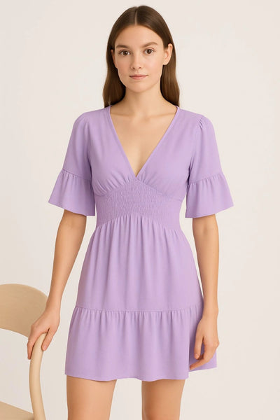 V-Neck Frill Short Sleeve Shirred Elasticated Waist Mini Dress