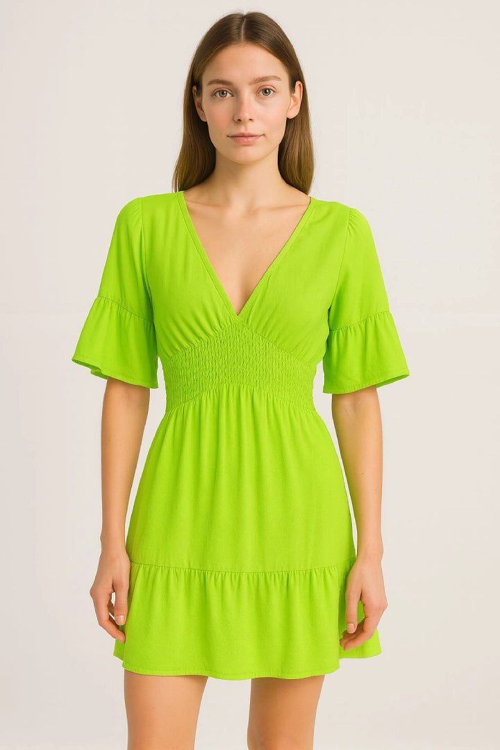 V-Neck Frill Short Sleeve Shirred Elasticated Waist Mini Dress