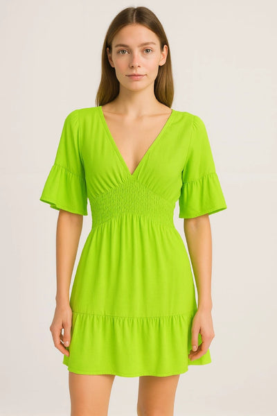 V-Neck Frill Short Sleeve Shirred Elasticated Waist Mini Dress