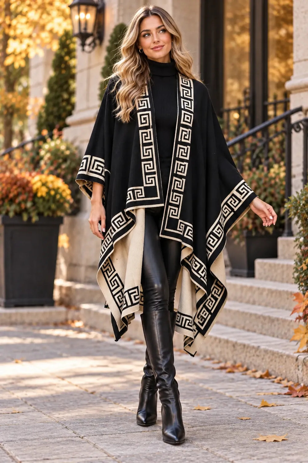 A woman stands on outdoor stone steps wearing a black and beige poncho-style wrap with a Greek key pattern, black leggings, and tall black boots.