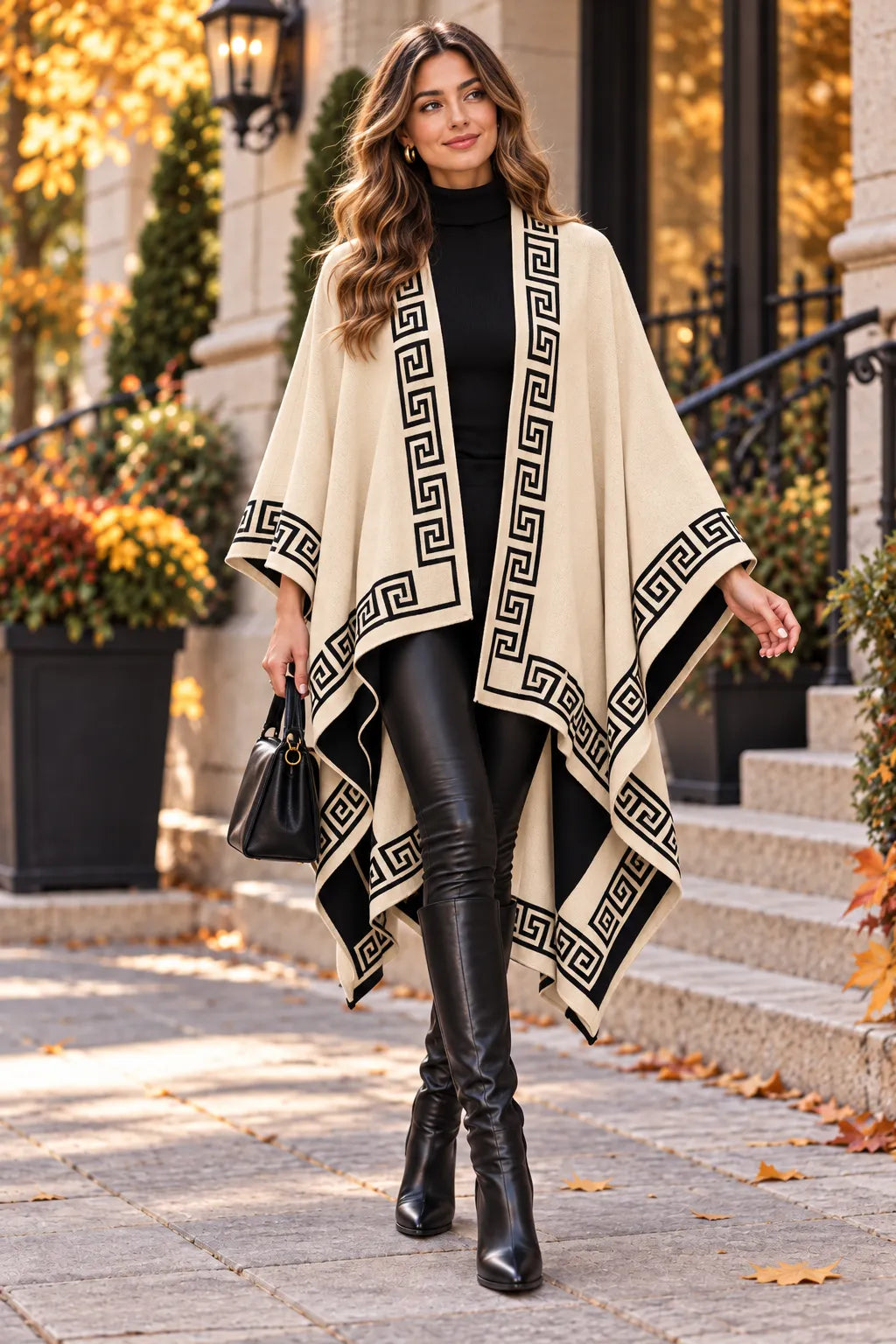 A woman stands on outdoor stone steps wearing a cream poncho-style wrap with a black Greek key border over a black outfit. The scene includes autumn foliage, planters, and a building facade in the background.