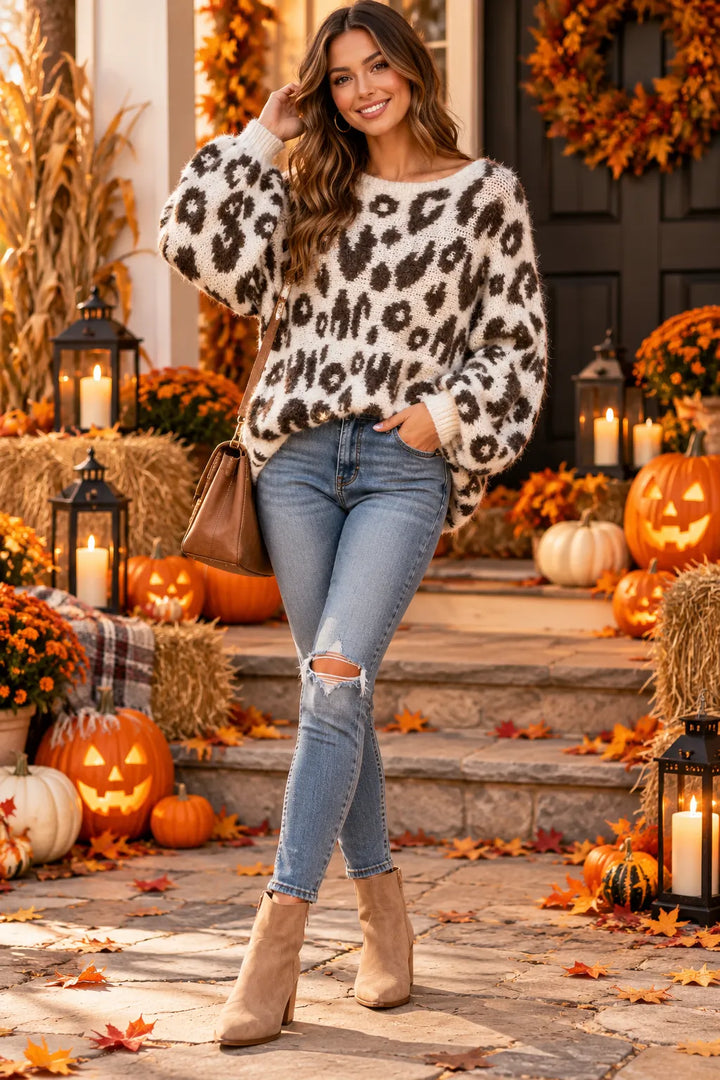 A woman stands on outdoor steps decorated with pumpkins, fall leaves, and lanterns, wearing a cream faux-fur sweater with a brown leopard print, light blue ripped jeans, and beige ankle boots.