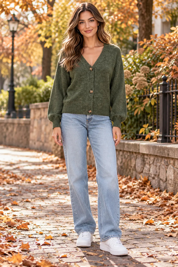 A woman stands on a brick path outdoors in autumn, wearing an olive green knit button-front cardigan, light-wash blue jeans, and white sneakers.