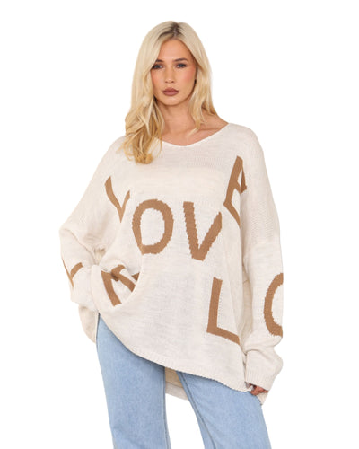 Oversized Love Print Long Sleeve  Knitted Jumper Top