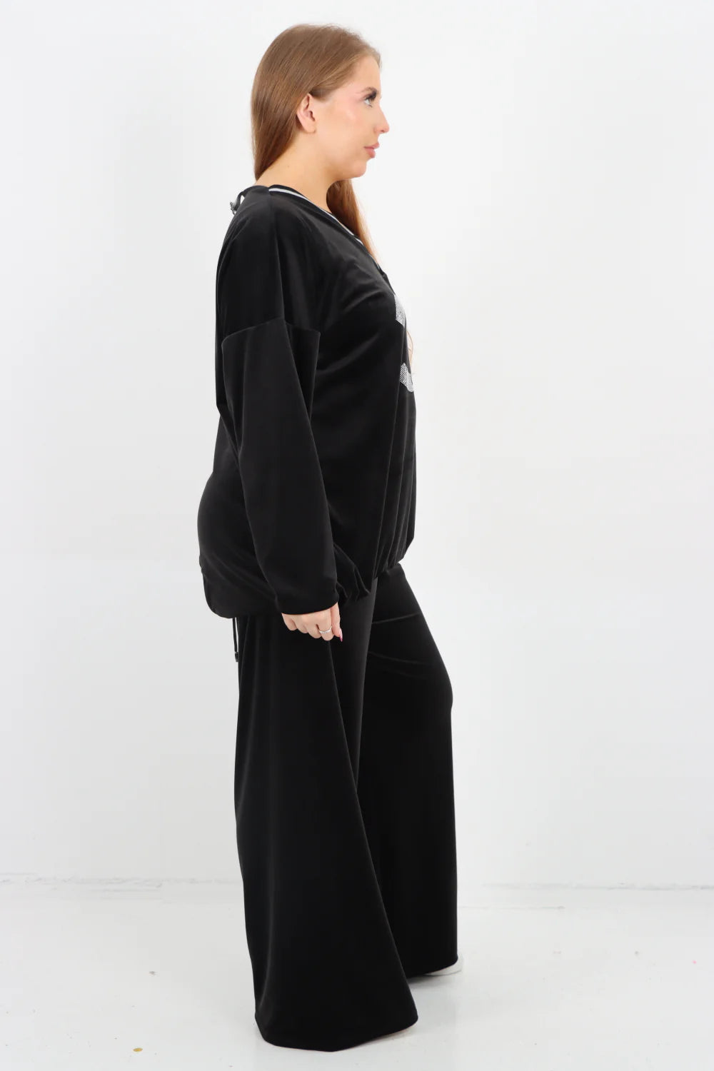 Italian V Neck CC Print Top and Bottom Velour Co - Ord Set