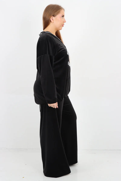 Italian V Neck CC Print Top and Bottom Velour Co - Ord Set