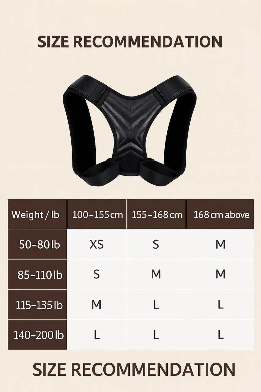 Back support brace with size recommendation chart on a beige background