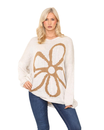 Oversized  Long Sleeve Floral Print  Knitted Jumper Top