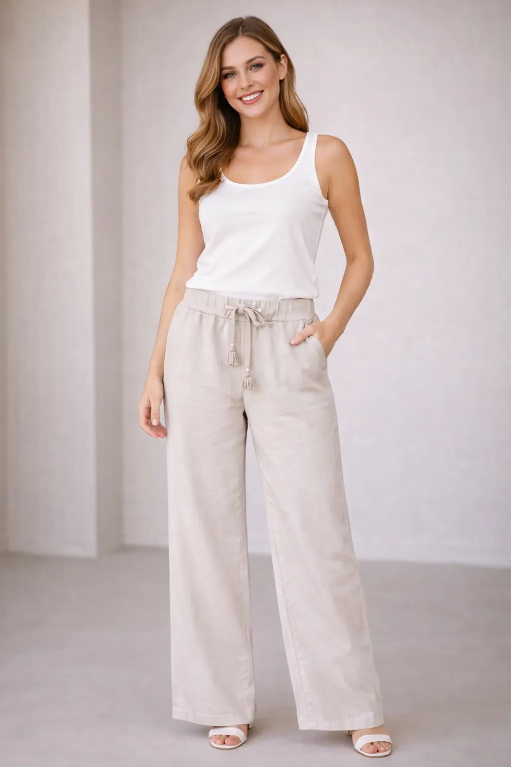 Beige  Color Women Wide Leg Magic Trousers for Women UK