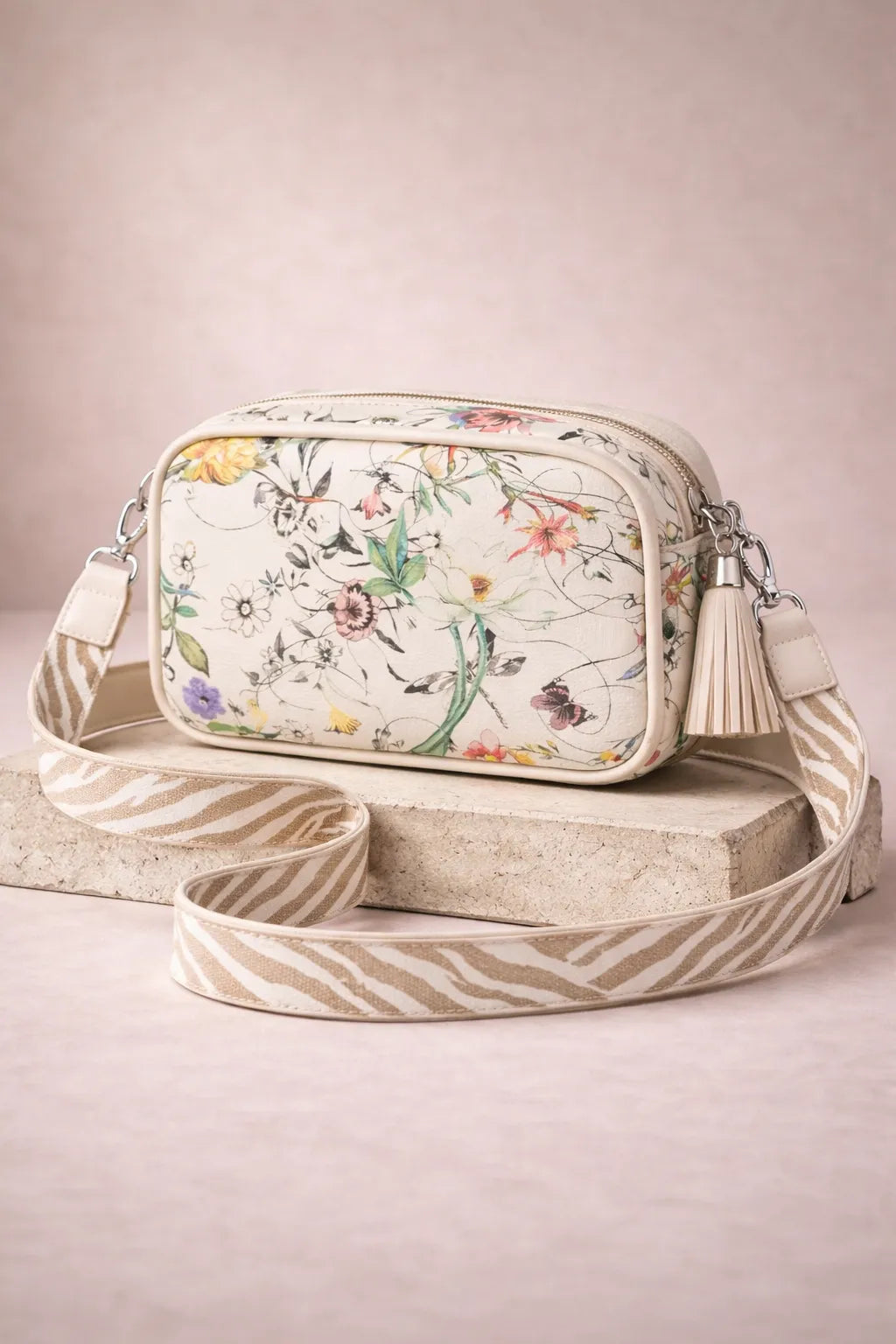 Beige Floral Print Crossbody Bag