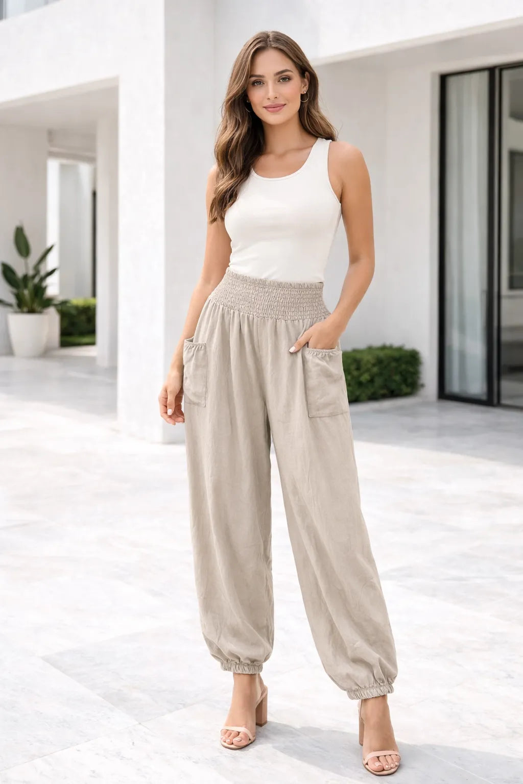 Beige shirred waist cuffed ankle trousers for women UK