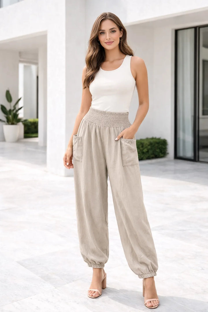 Beige shirred waist cuffed ankle trousers for women UK