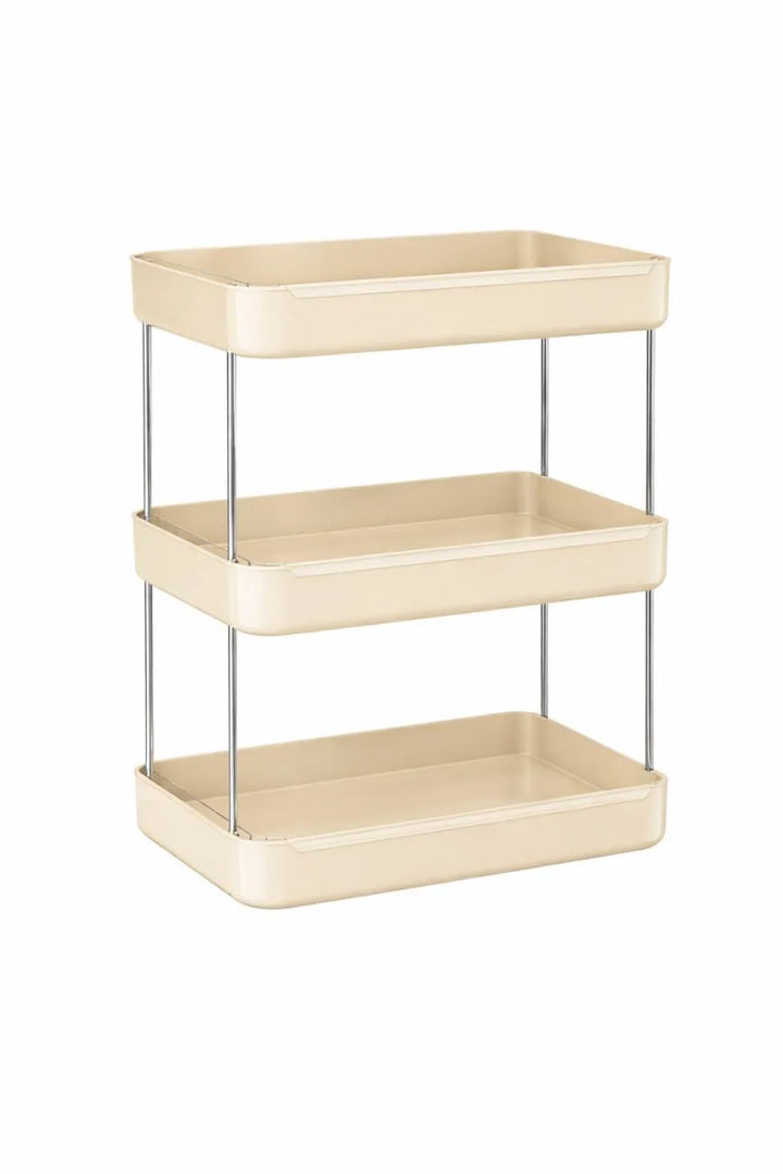 Beige three-tiered metal shelf with a white background