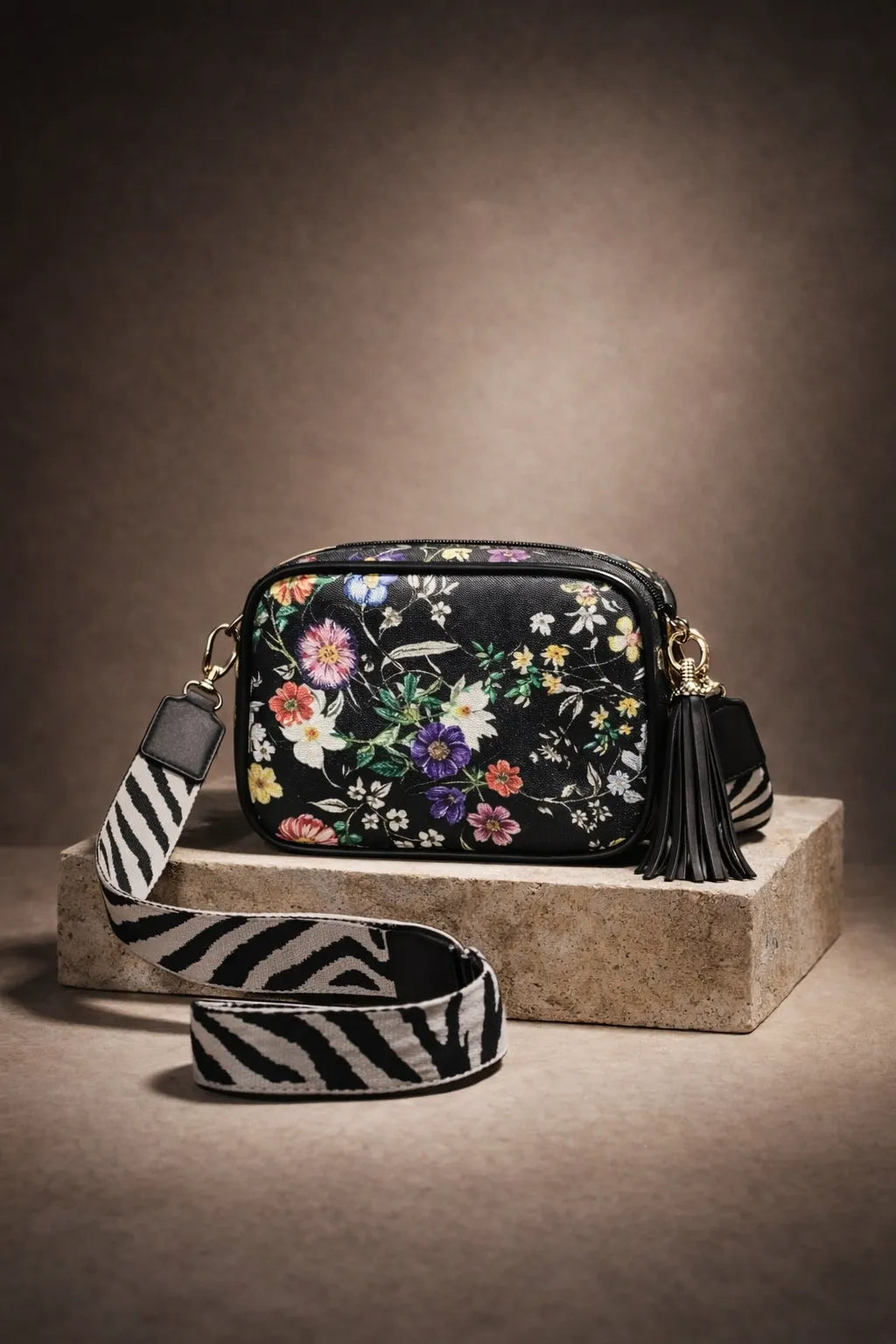 Black Floral Print Crossbody Bag