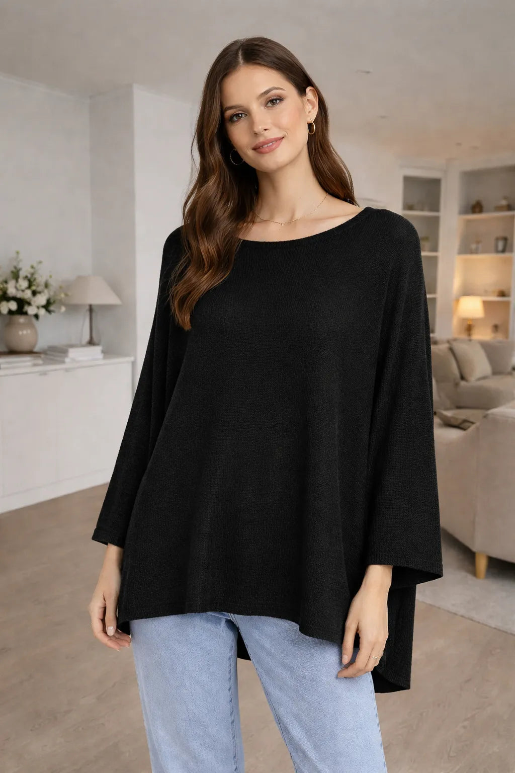 Black colour Chunky Knit Oversized Batwing Jumper Top