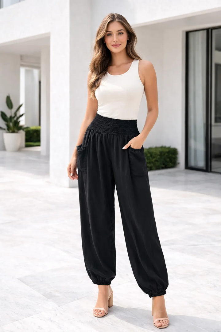 Black elasticated waist cuffed ankle trousers for women UK