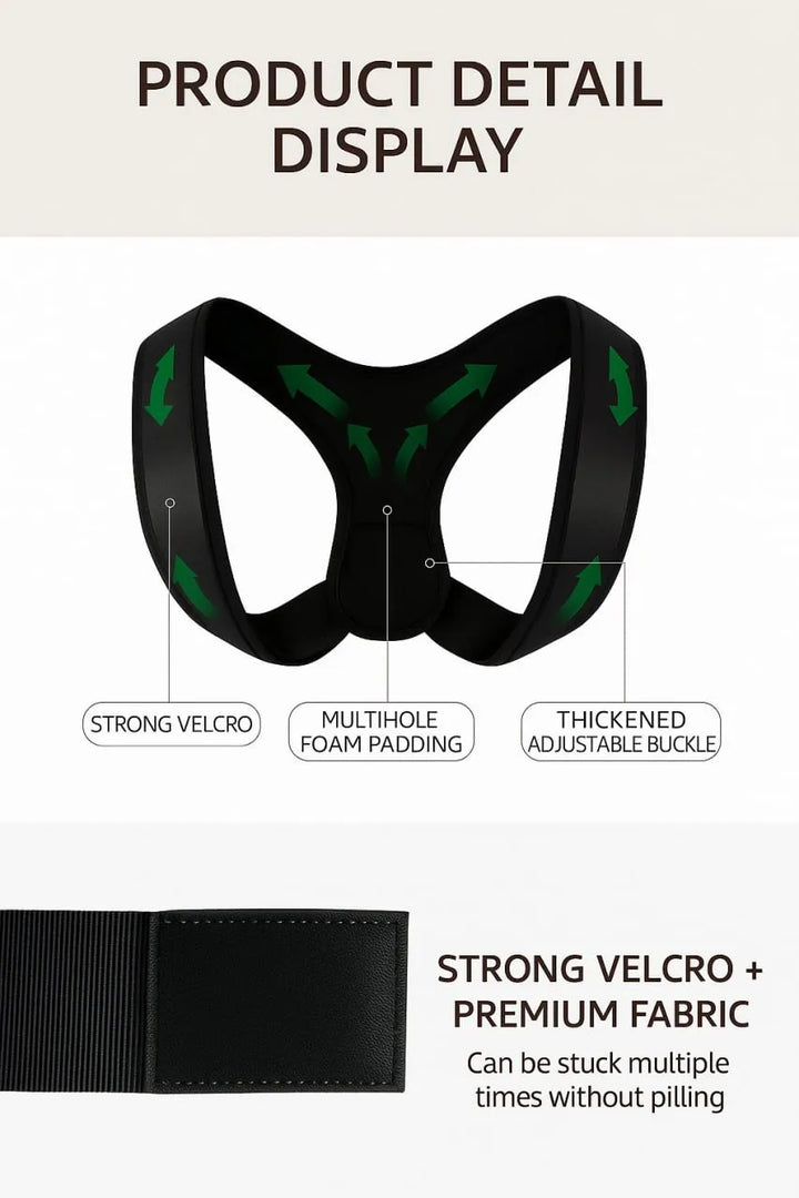 Black posture corrector with green accents on a beige background, featuring text describing features.