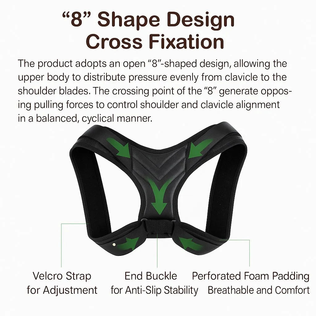 Black posture corrector with green arrows and text explaining design features on a white background