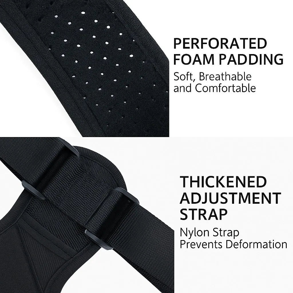 Black posture corrector with perforated foam padding and thick adjustment strap on a white background.