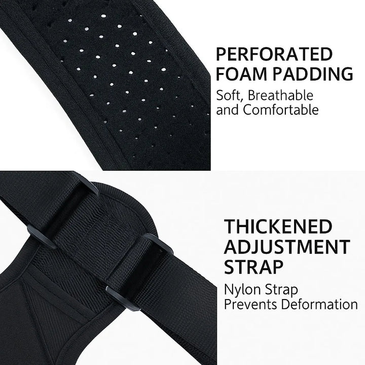 Black posture corrector with perforated foam padding and thick adjustment strap on a white background.