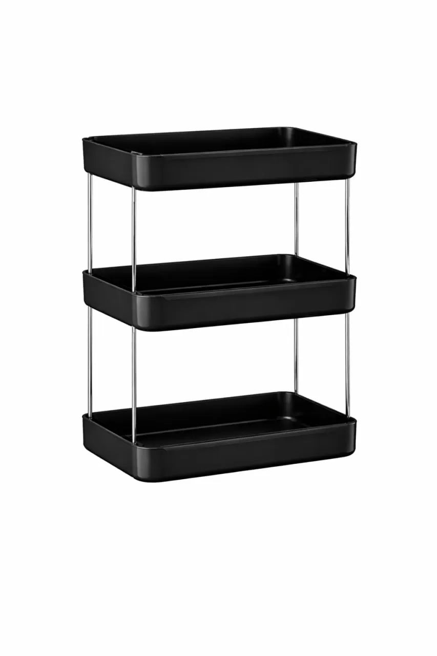 Black three-tiered storage shelf on a white background