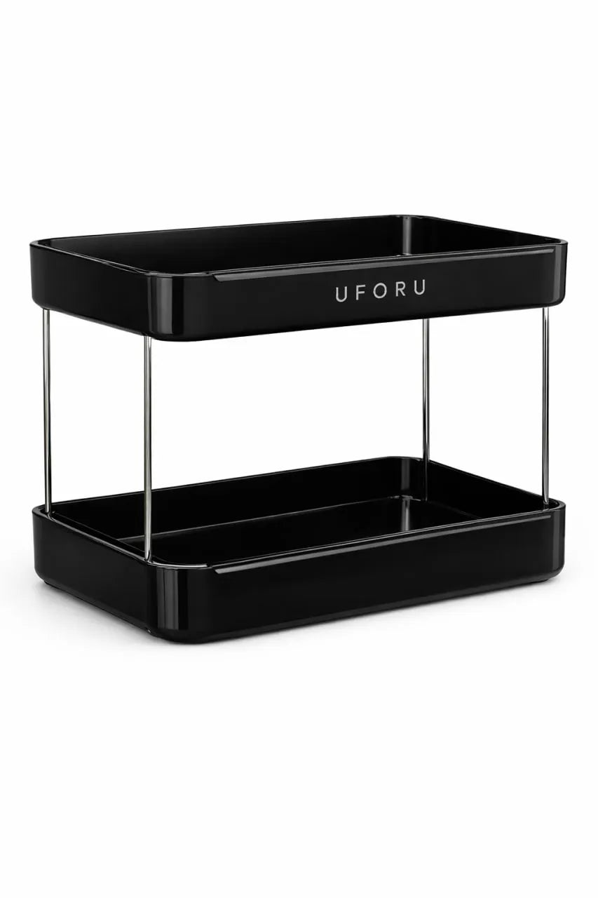 Black two-tiered storage tray with 'UFORU' branding on a white background