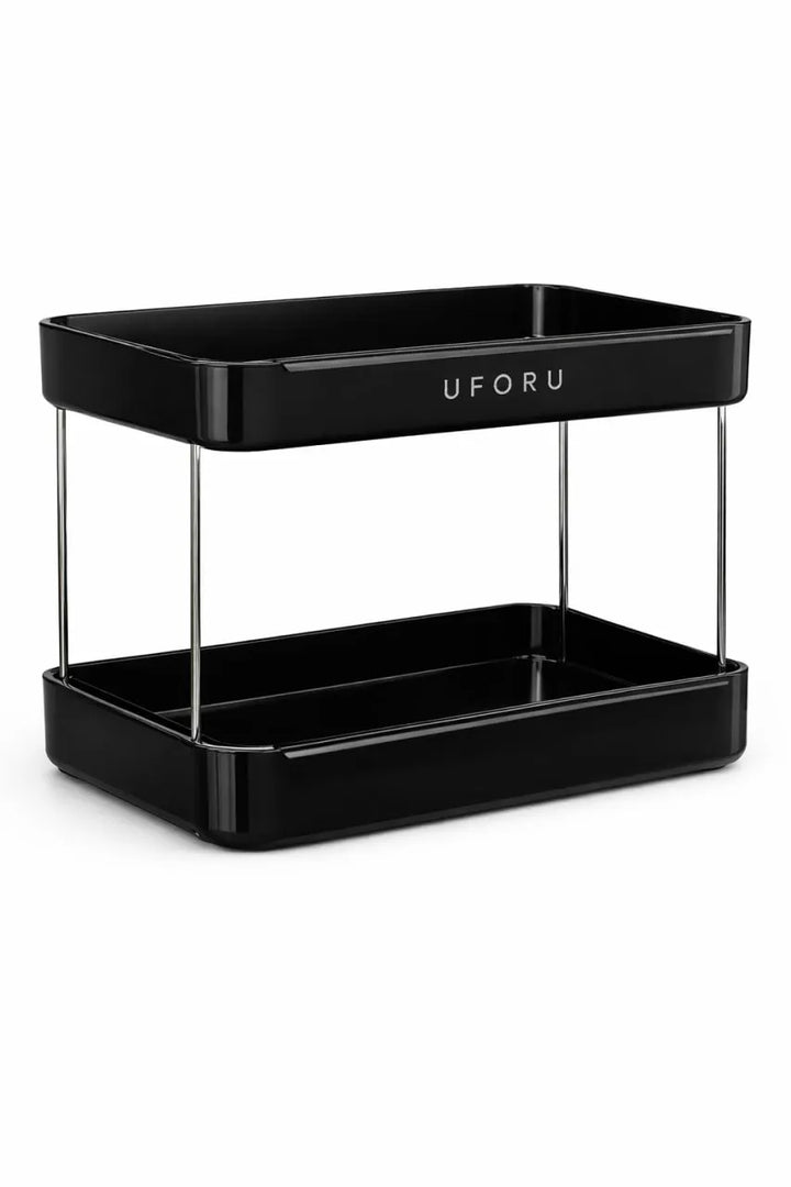Black two-tiered storage tray with 'UFORU' branding on a white background