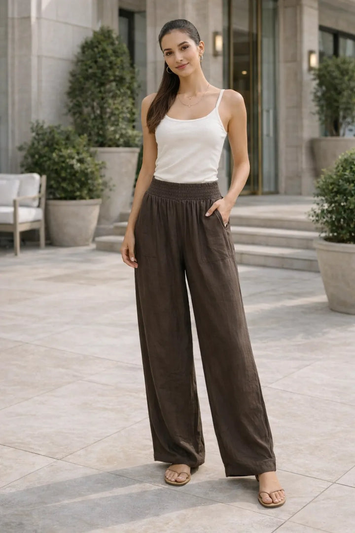 Brown relaxed fit wide leg trousers with smocked waistband UK