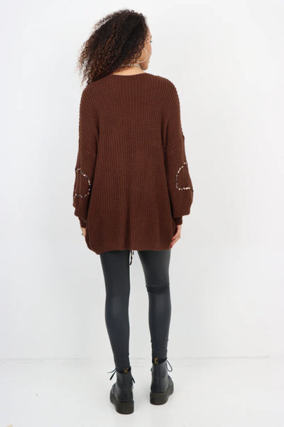 Italian Triple Tie Front Animal Print Chunky Knit Love Heart Cardigan