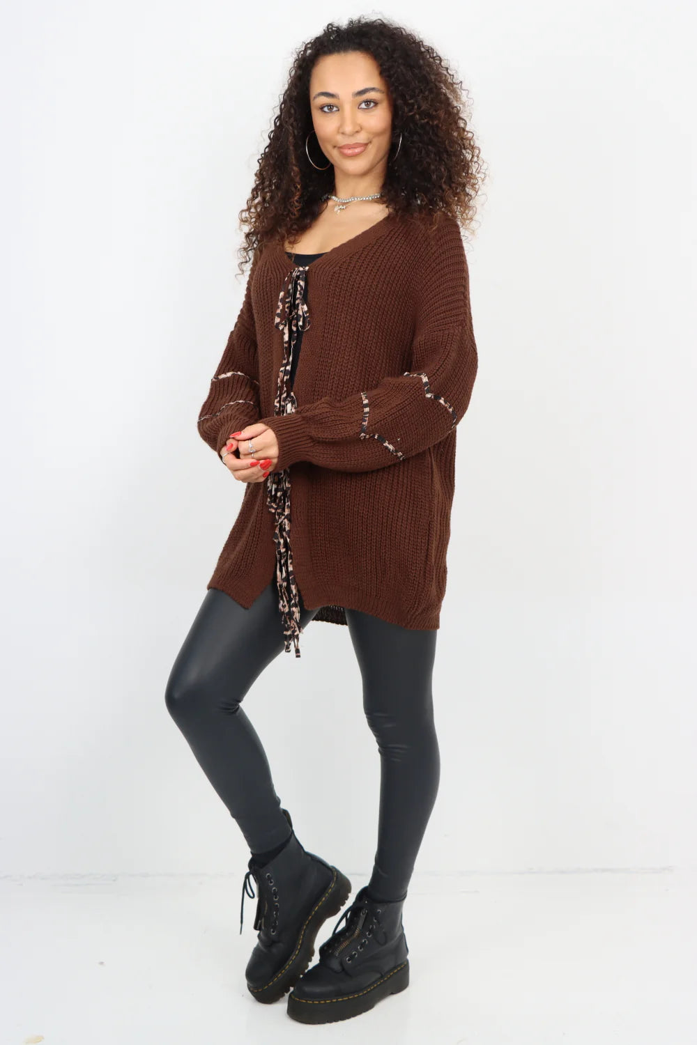 Italian Triple Tie Front Animal Print Chunky Knit Love Heart Cardigan