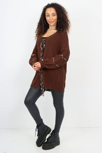 Italian Triple Tie Front Animal Print Chunky Knit Love Heart Cardigan