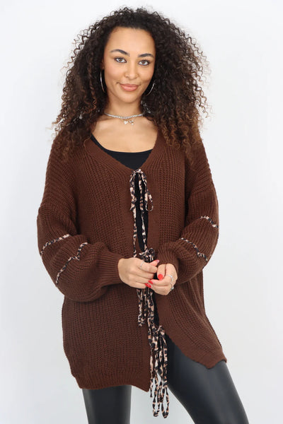 Italian Triple Tie Front Animal Print Chunky Knit Love Heart Cardigan